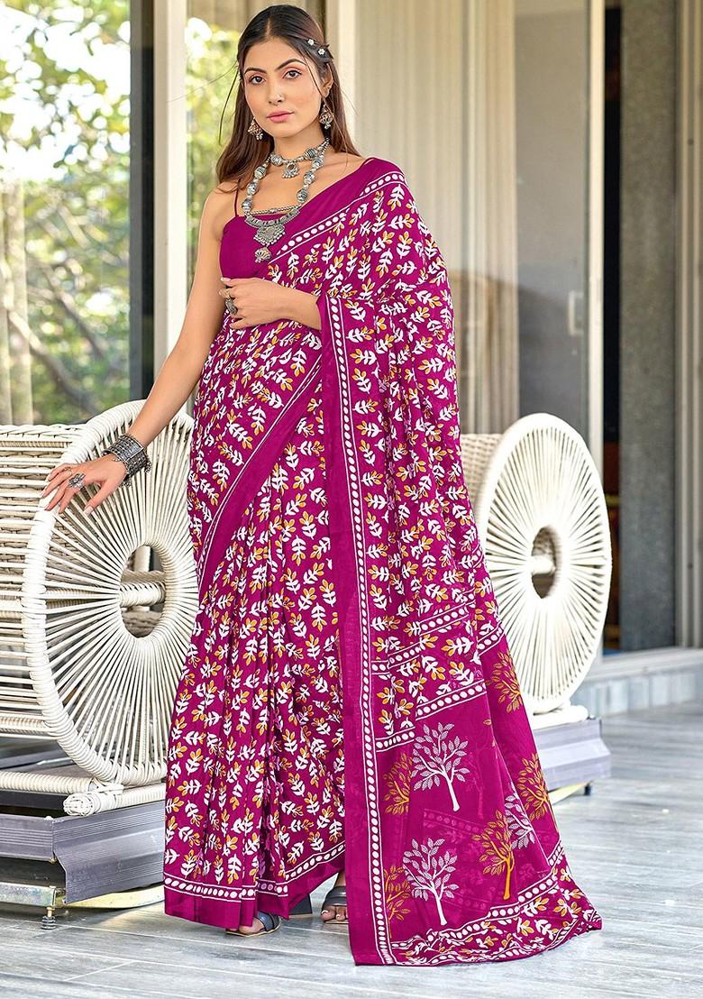 Pink Printed Blended Saree Set - Indya