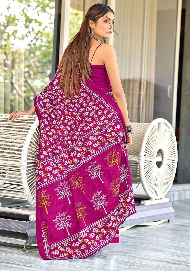 Pink Printed Blended Saree Set - Indya