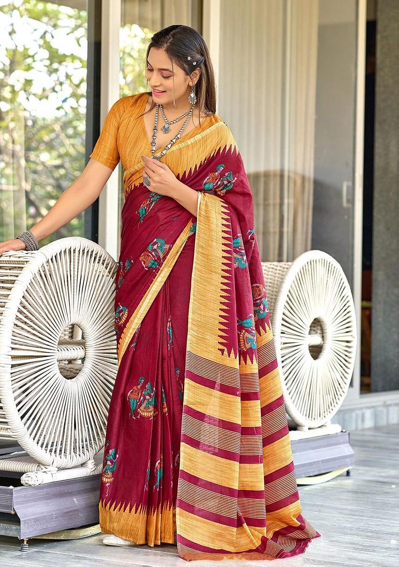Red Printed Blended Saree Set