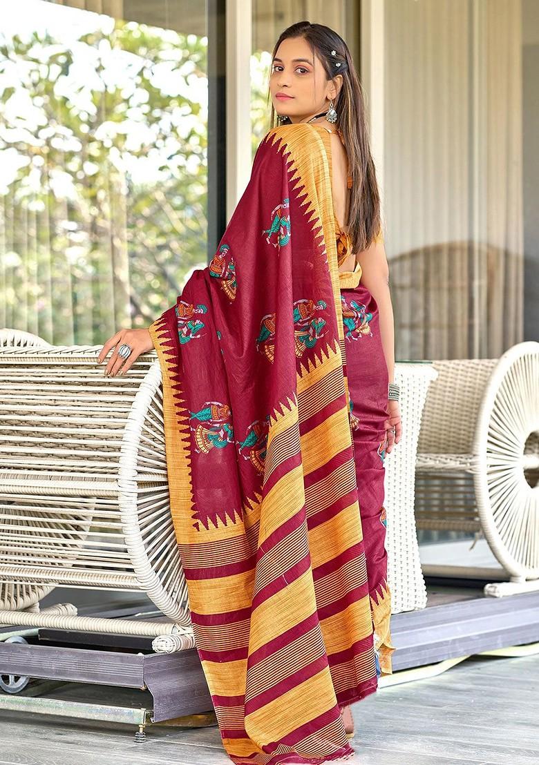 Red Printed Blended Saree Set