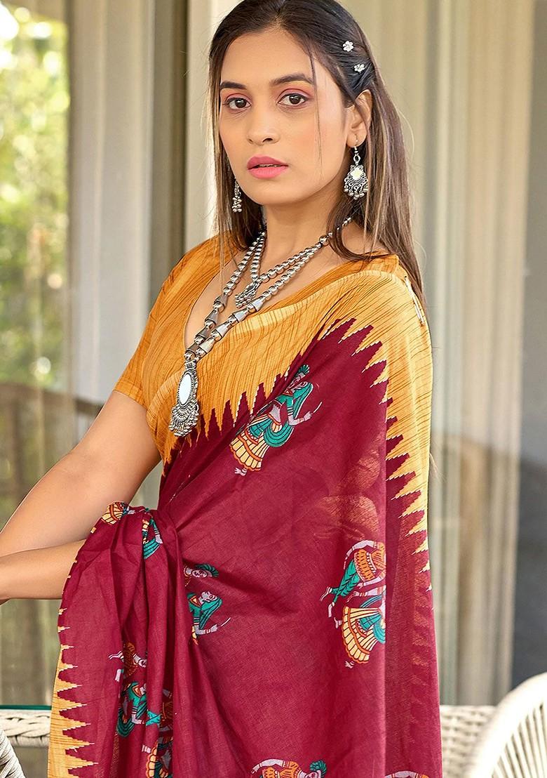 Red Printed Blended Saree Set