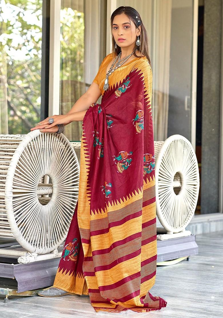 Red Printed Blended Saree Set