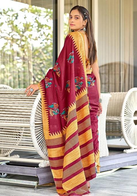 Red Printed Blended Saree Set