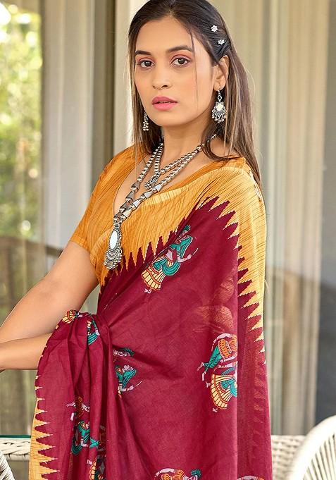 Red Printed Blended Saree Set