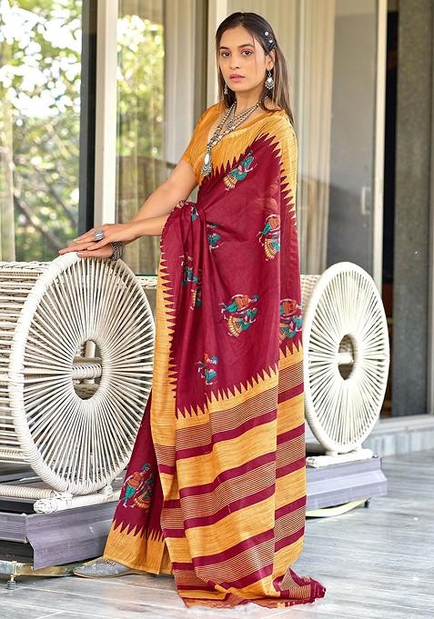 Red Printed Blended Saree Set