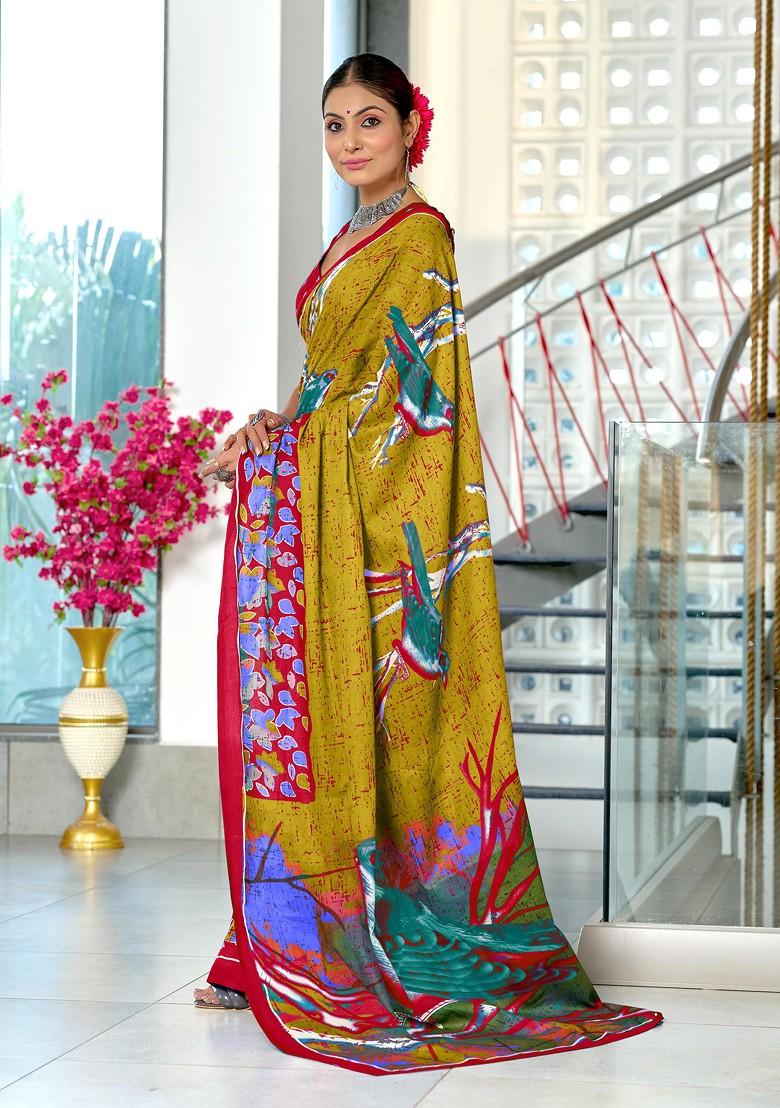 Olive Printed Blended Saree Set - Indya