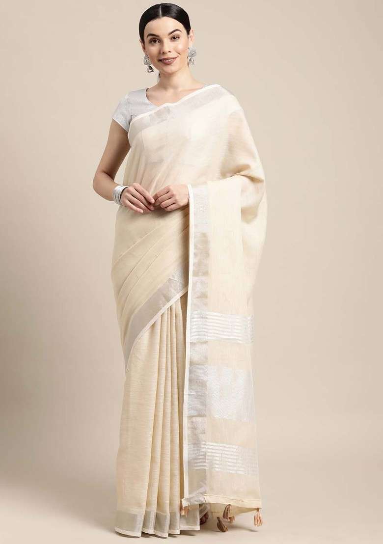 Beige Zari Printed Blended Saree Set for Diwali and Festive Wear - Indya
