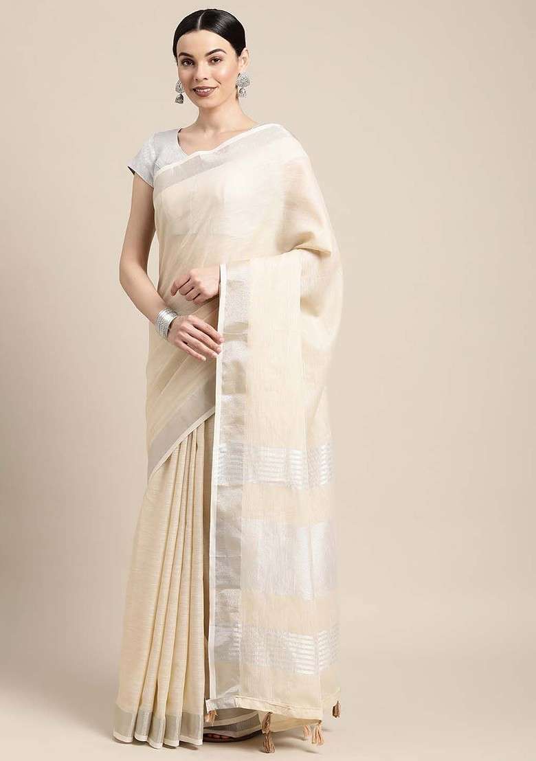 Beige Zari Printed Blended Saree Set - Indya