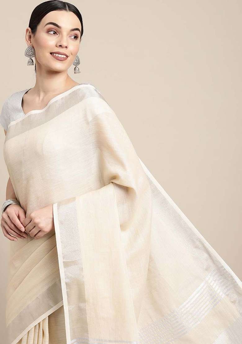 Beige Zari Printed Blended Saree Set - Indya