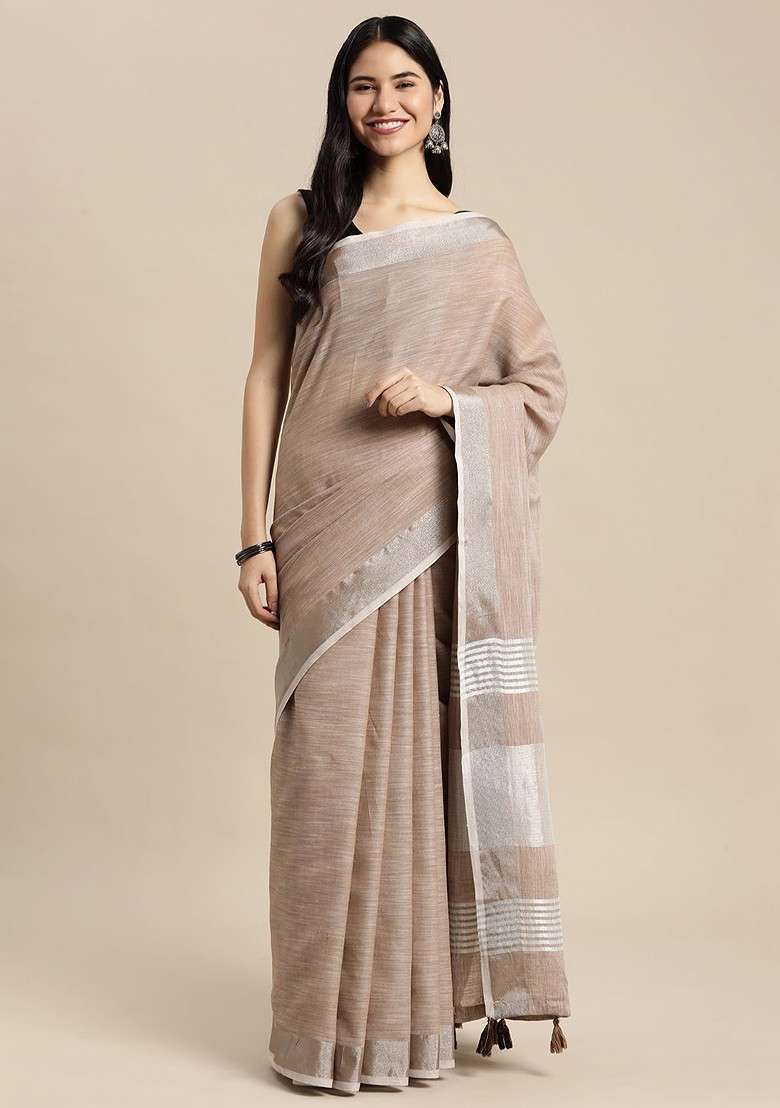 Brown Zari Printed Blended Saree Set for Diwali and Festive Wear - Indya