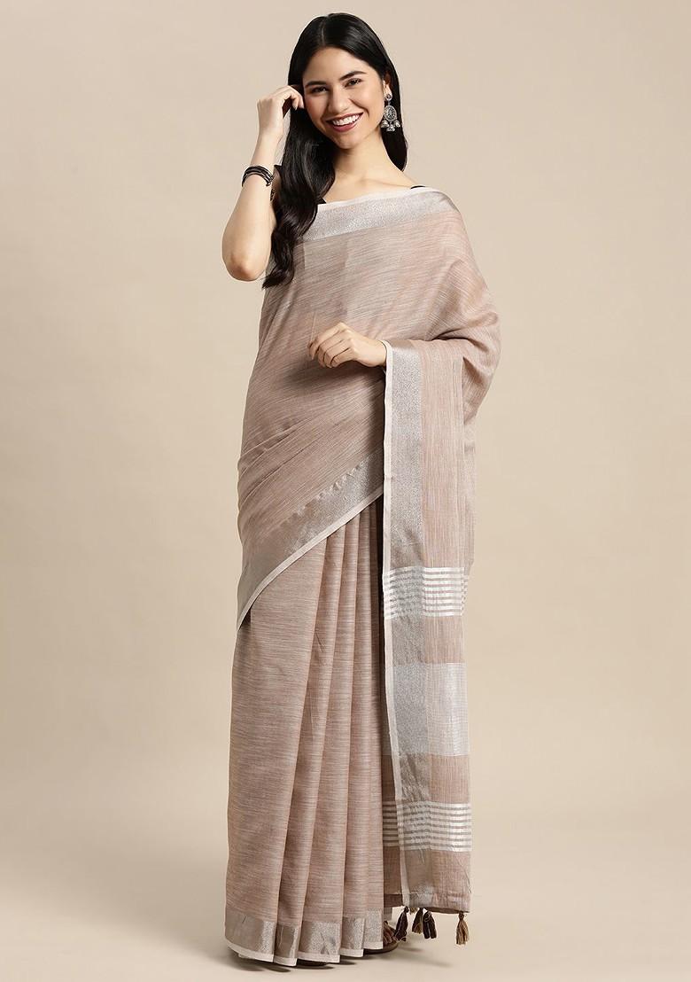Brown Zari Printed Blended Saree Set - Indya