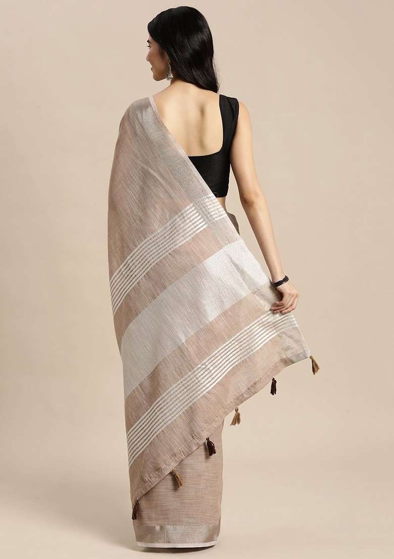 Brown Zari Printed Blended Saree Set for Diwali and Festive Wear - Indya