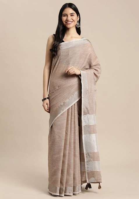 Brown Zari Printed Blended Saree Set for Diwali and Festive Wear