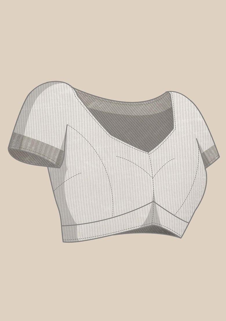 White Zari Printed Blended Saree Set - Indya