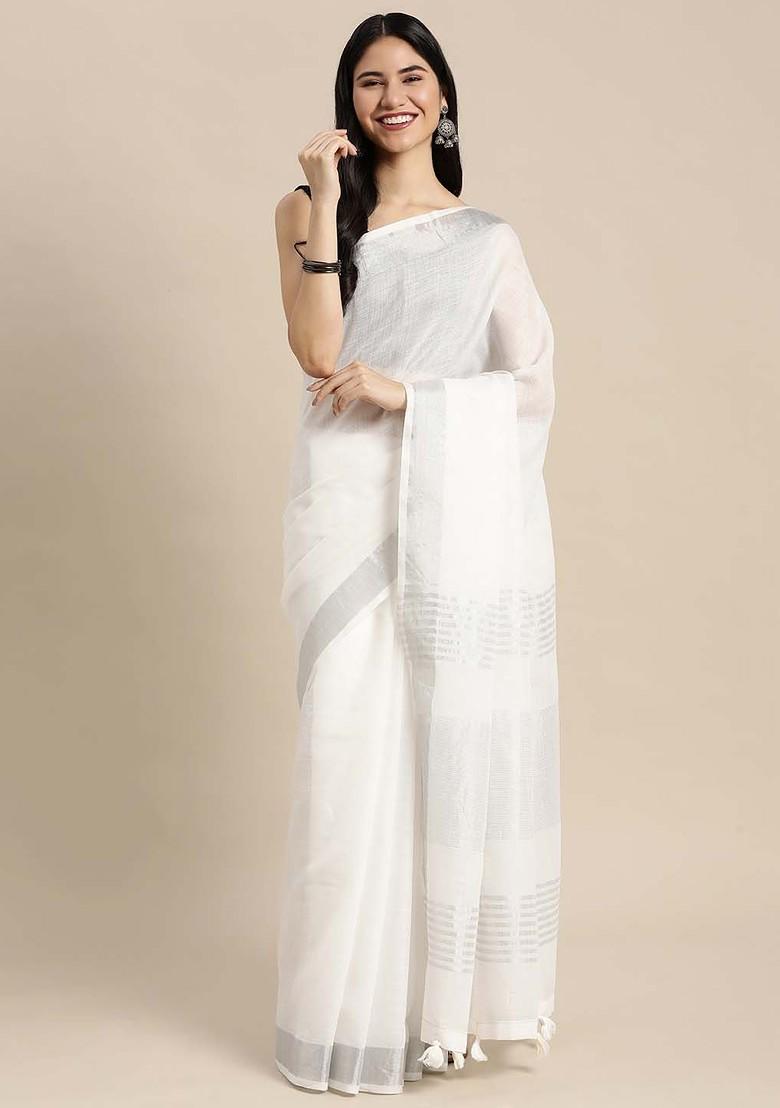 White Zari Printed Blended Saree Set - Indya