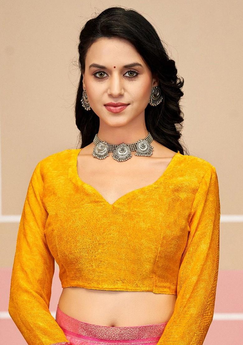 Peach Printed Blended Saree Set