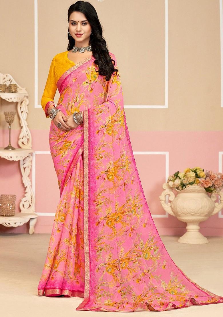 Peach Printed Blended Saree Set
