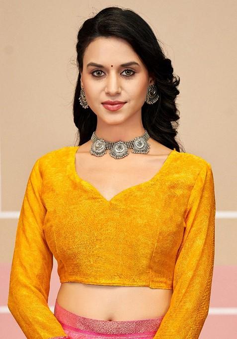 Peach Printed Blended Saree Set