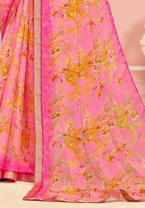 Peach Printed Blended Saree Set
