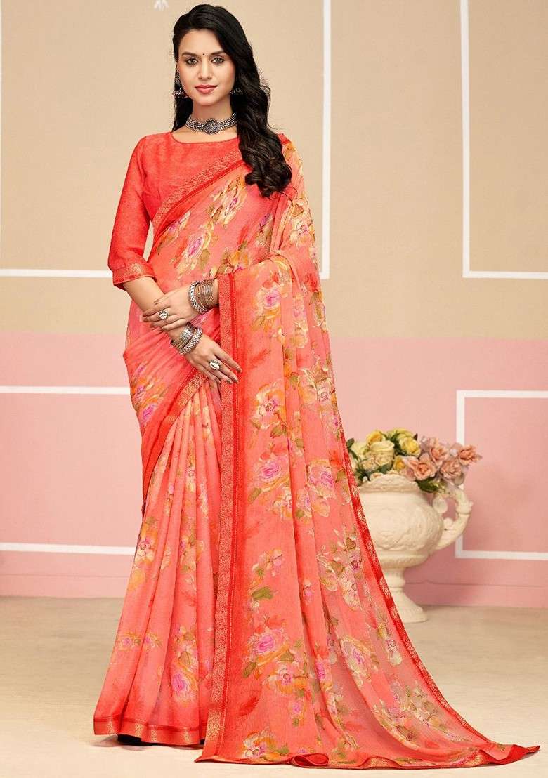 Orange Printed Blended Saree Set - Indya