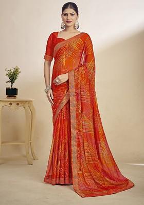 Orange Printed Blended Saree Set