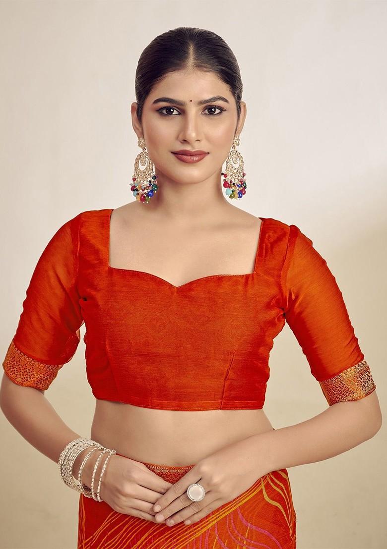 Orange Printed Blended Saree Set - Indya