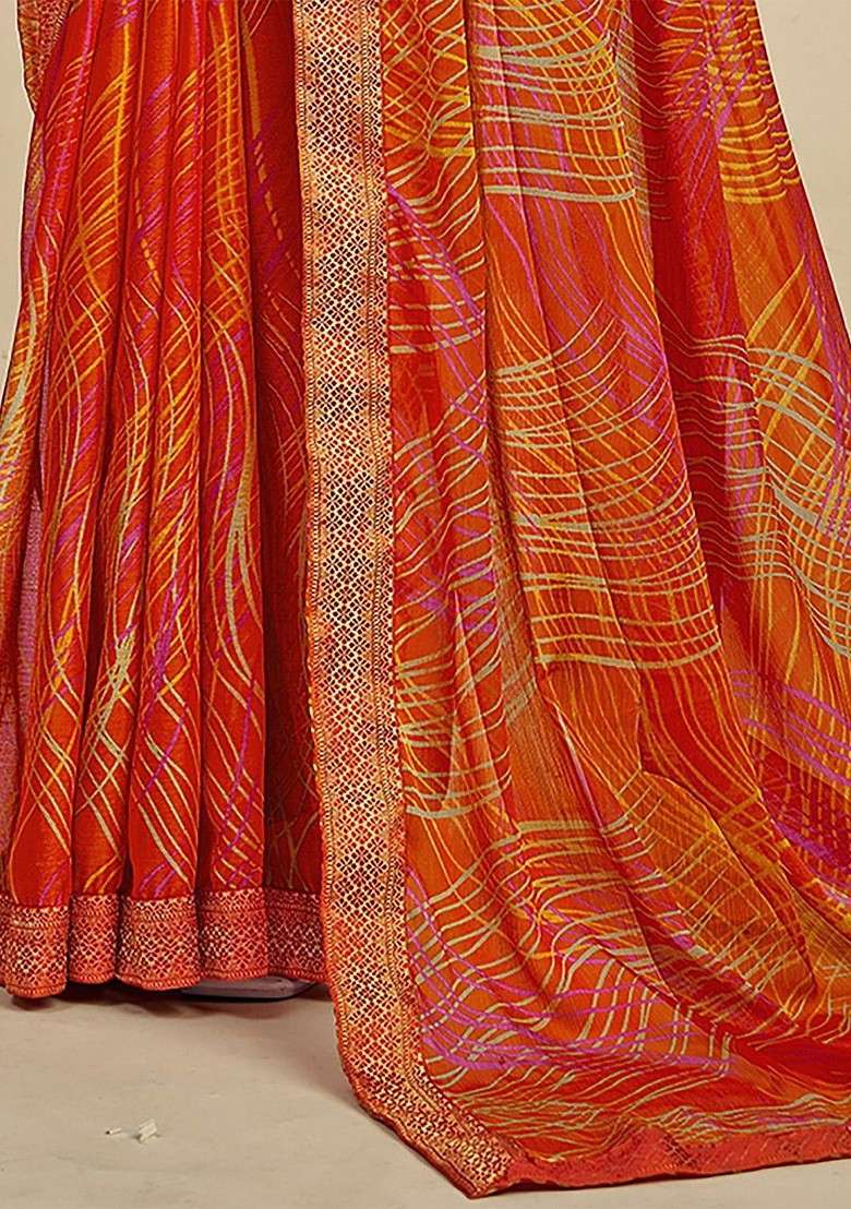 Orange Printed Blended Saree Set - Indya