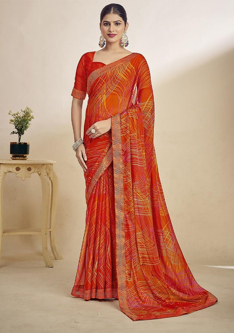 Orange Printed Blended Saree Set - Indya