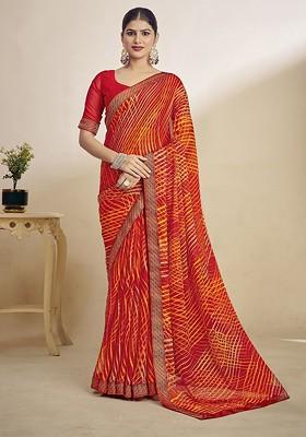 Orange Printed Blended Saree Set