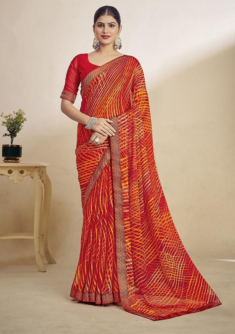 Orange Printed Blended Saree Set - Indya
