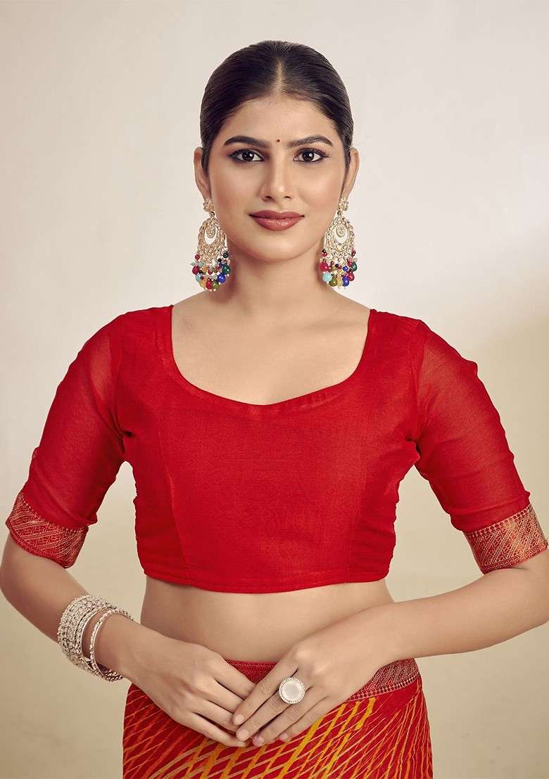 Orange Printed Blended Saree Set - Indya