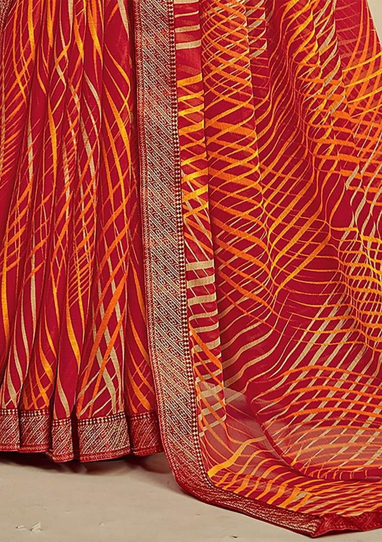 Orange Printed Blended Saree Set - Indya