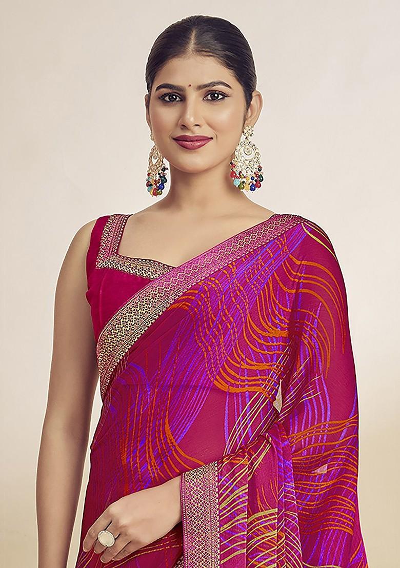 Maroon Printed Blended Saree Set - Indya