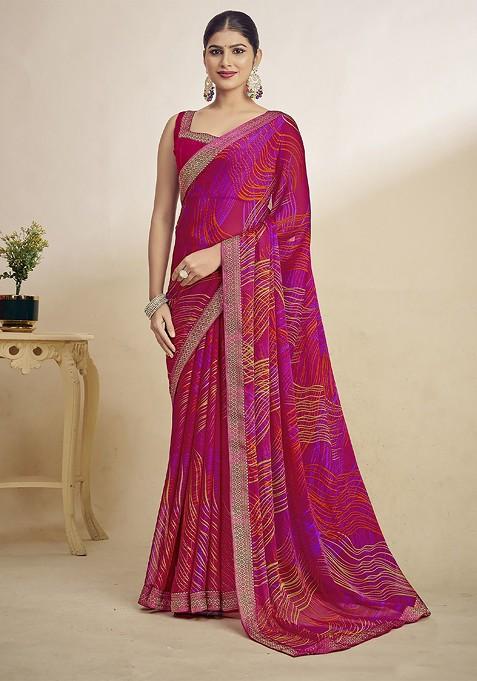 Maroon Printed Blended Saree Set
