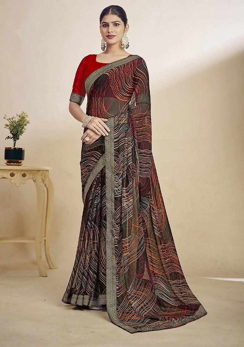Black Printed Blended Saree Set