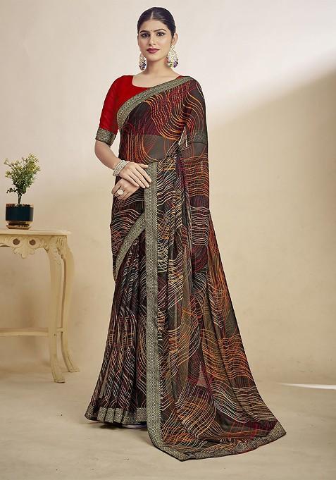 Black Printed Blended Saree Set