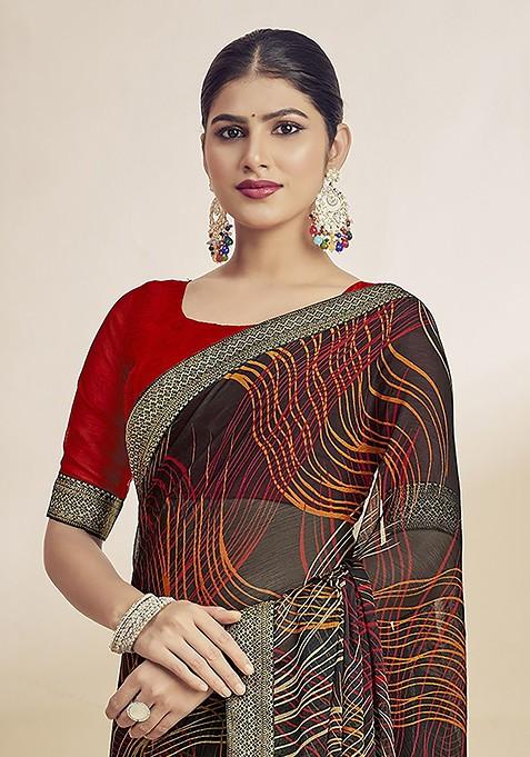 Black Printed Blended Saree Set