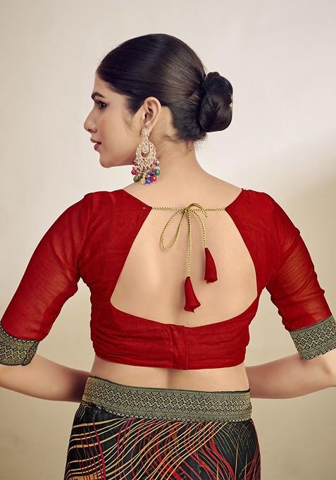 Black Printed Blended Saree Set