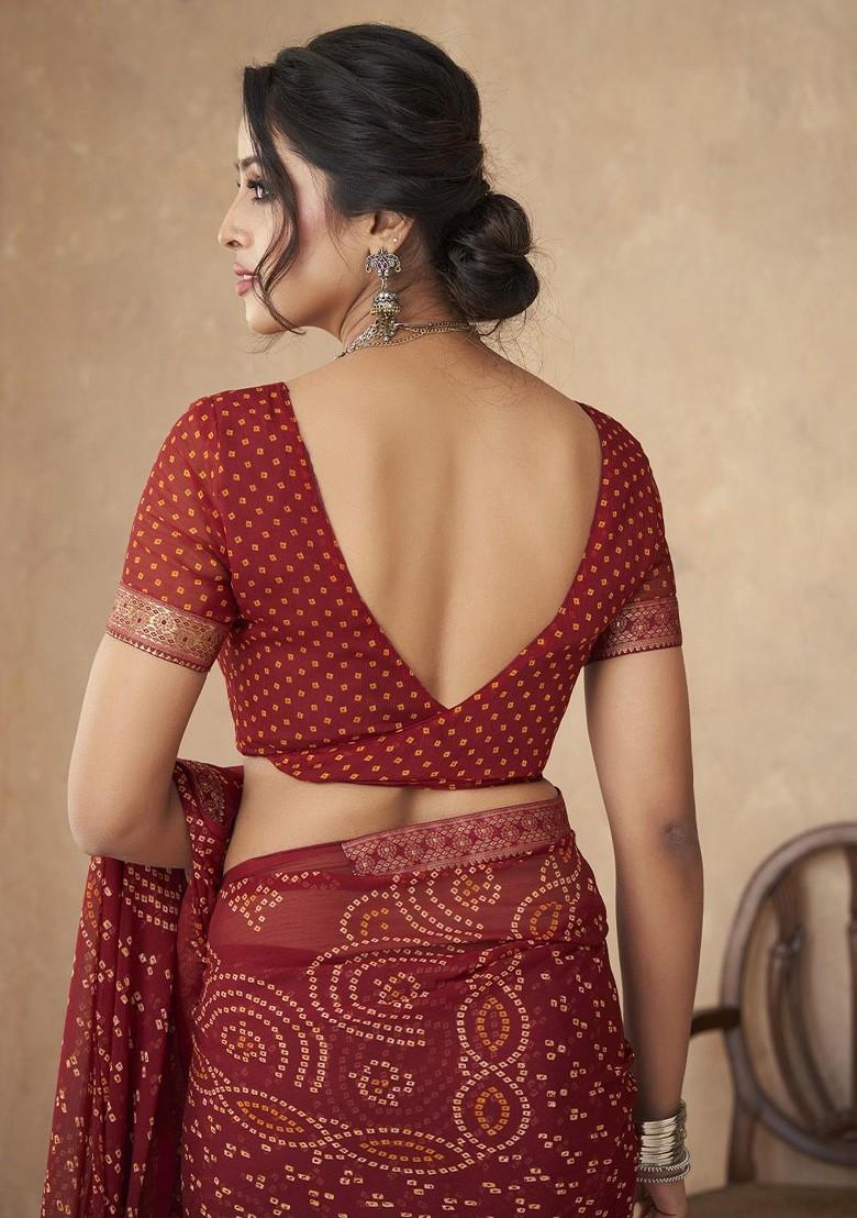 Maroon Printed Blended Saree Set - Indya