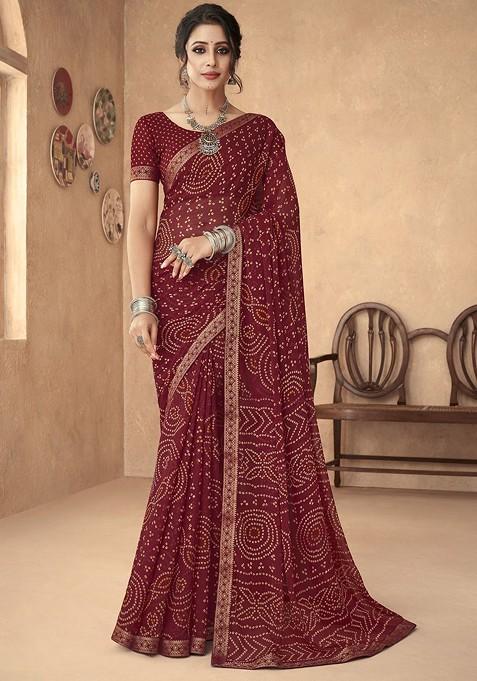 Maroon Printed Blended Saree Set