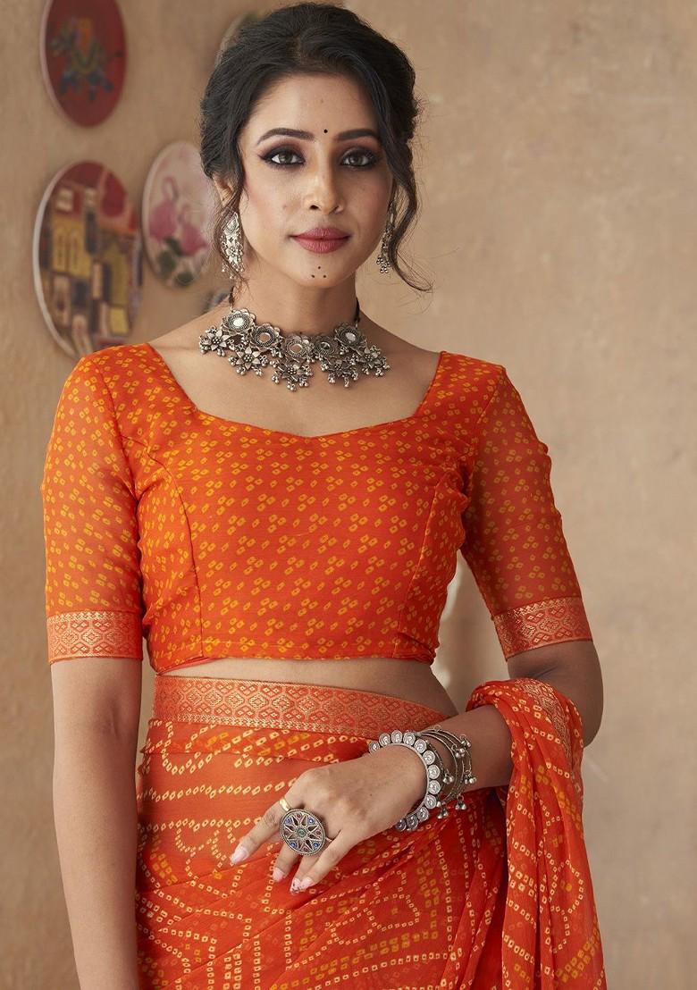 Orange Printed Blended Saree Set - Indya
