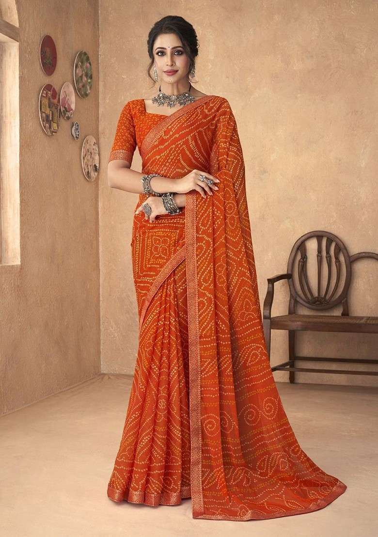 Orange Printed Blended Saree Set - Indya