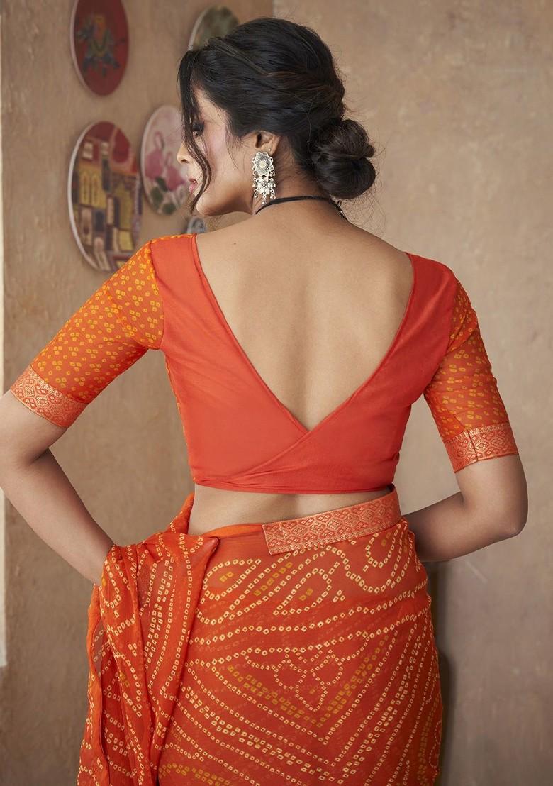 Orange Printed Blended Saree Set - Indya