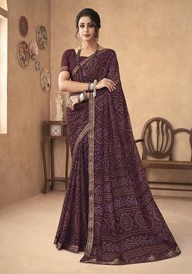 Burgundy Embroidered Blended Saree Set