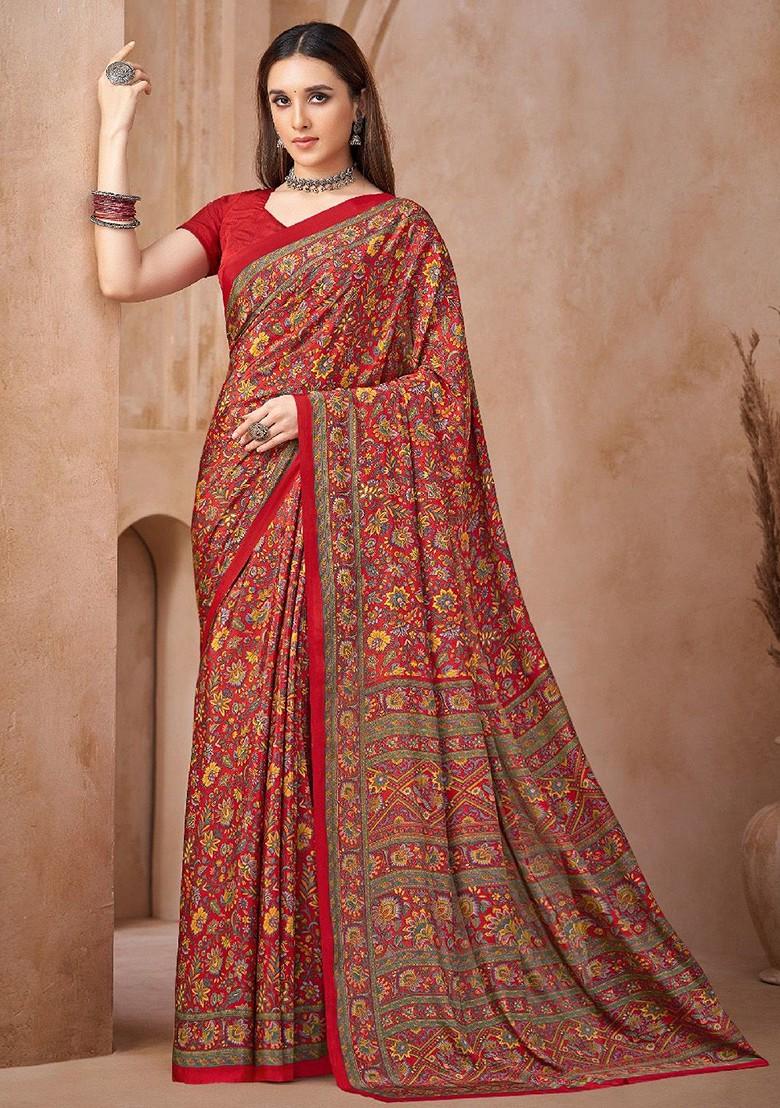 Rust Printed Blended Saree Set - Indya