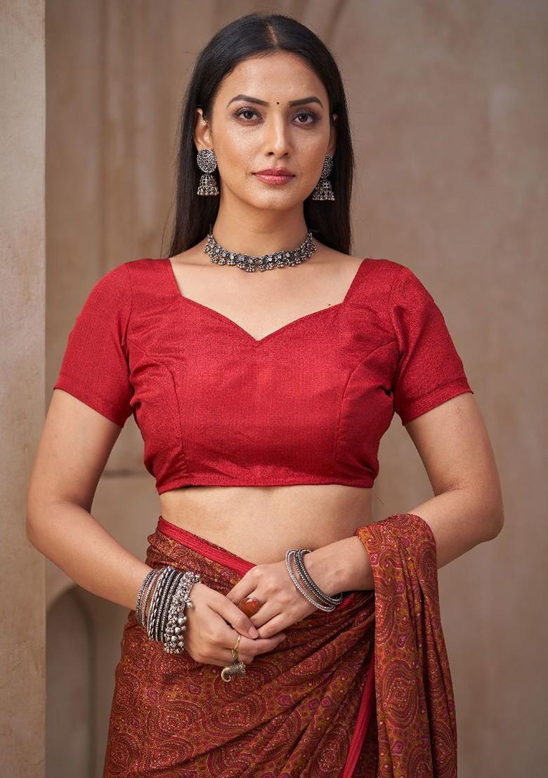 Maroon Printed Blended Saree Set - Indya