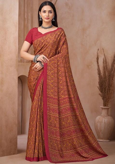 Maroon Printed Blended Saree Set