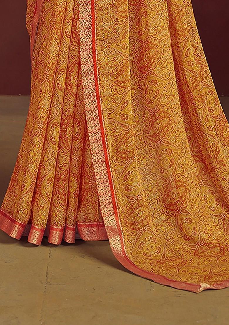 Yellow Embroidered Blended Saree Set - Indya