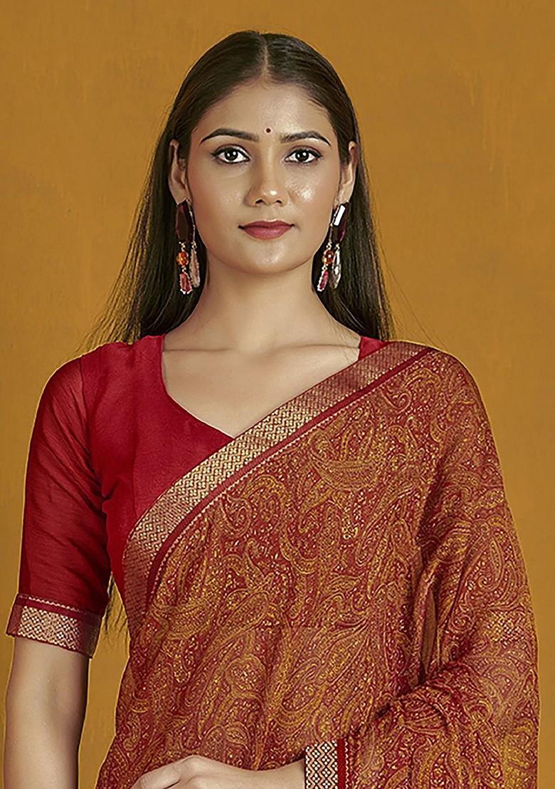 Red Printed Blended Saree Set - Indya