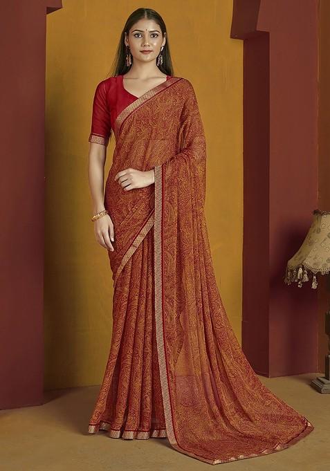 Red Printed Blended Saree Set